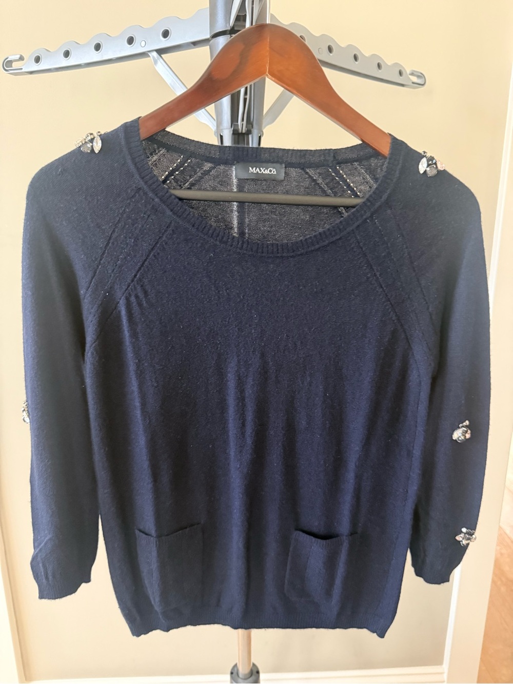 Max & Co. Black Crewneck Sweater with Shoulder and Sleeve Jewels